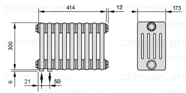 Схема (чертеж) Радиатор Zehnder Charleston 5030/9 №3370 Белый глянцевый RAL 9016